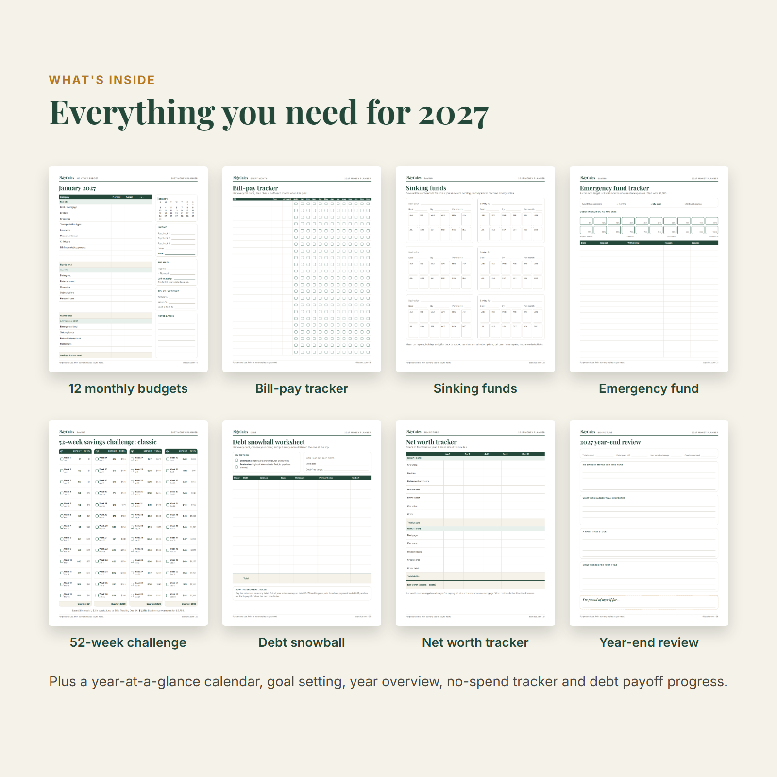 Eight pages from the 2027 Money Planner: monthly budget, bill-pay tracker, sinking funds, emergency fund, 52-week challenge, debt snowball, net worth and year-end review