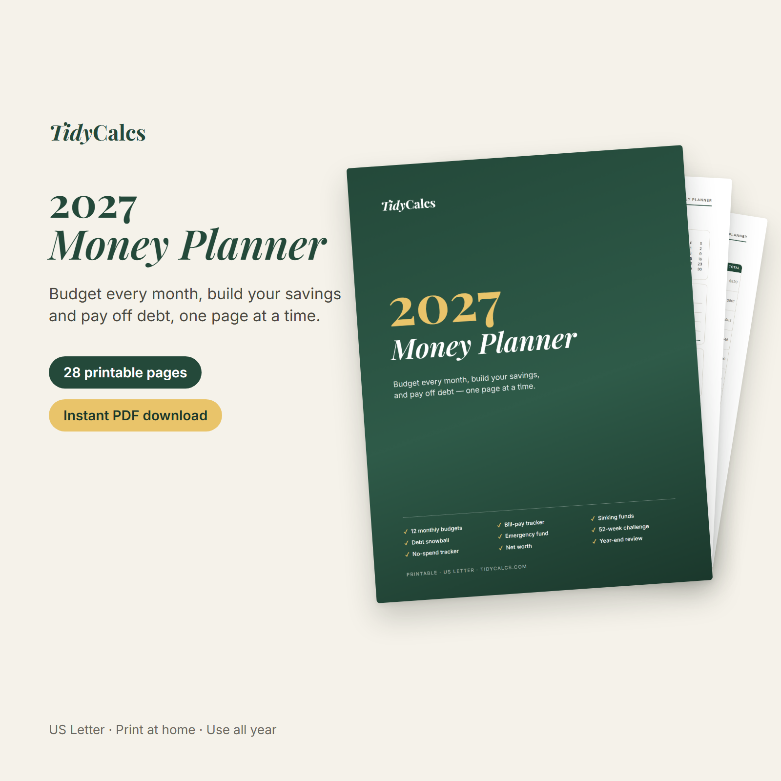 TidyCalcs 2027 Money Planner cover with budget and savings pages