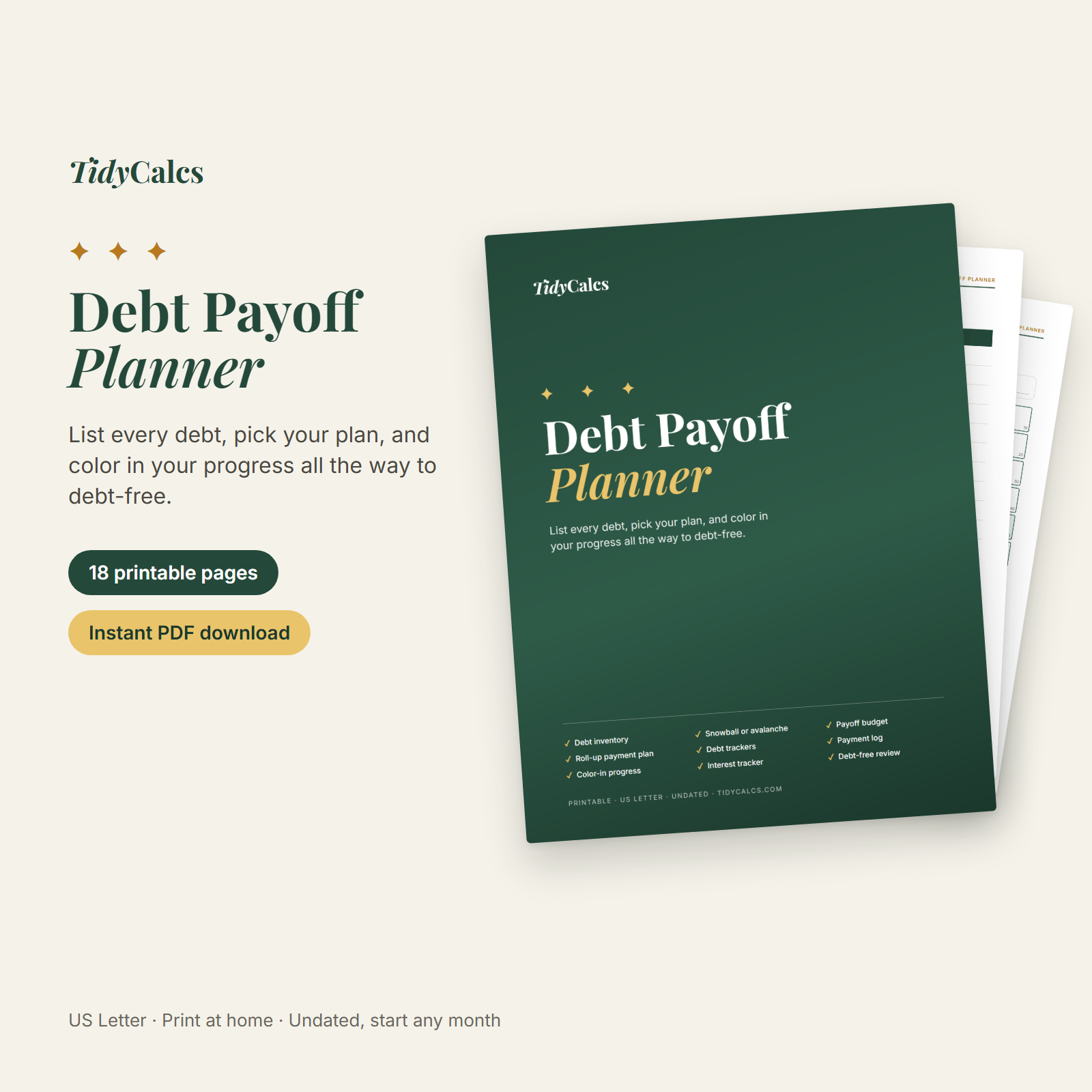 TidyCalcs Debt Payoff Planner cover with debt inventory and debt countdown pages