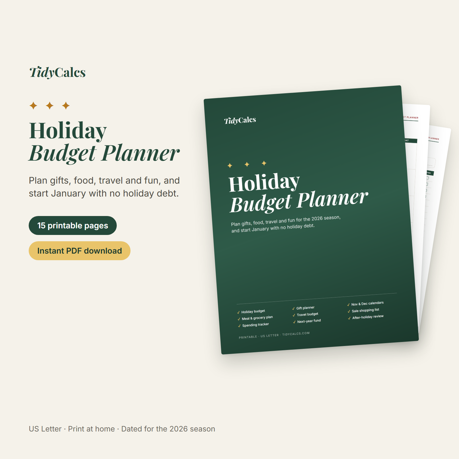 TidyCalcs Holiday Budget Planner cover with gift planner and December calendar pages