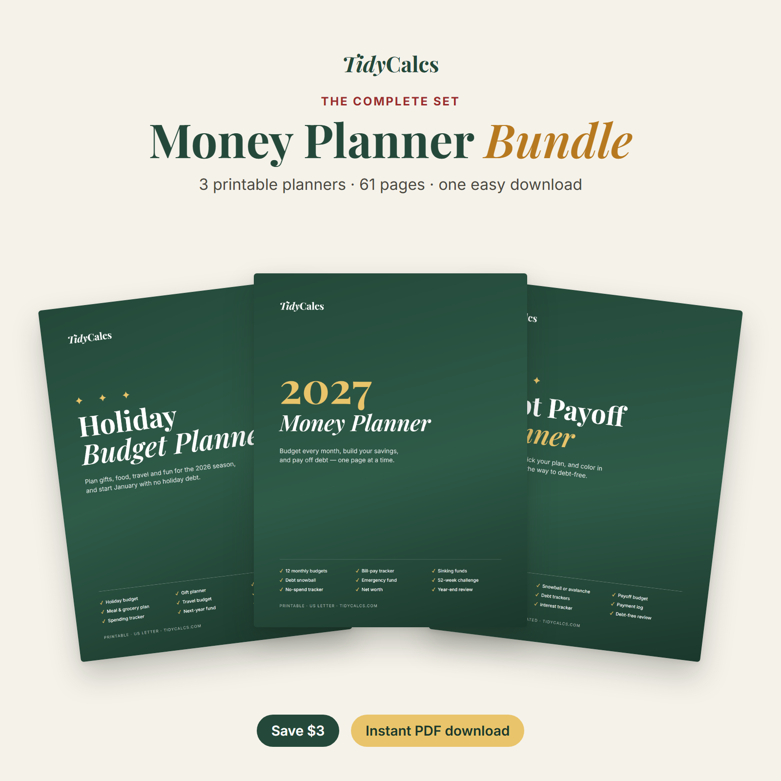 TidyCalcs Money Planner Bundle with the 2027 Money Planner, Debt Payoff Planner and Holiday Budget Planner covers